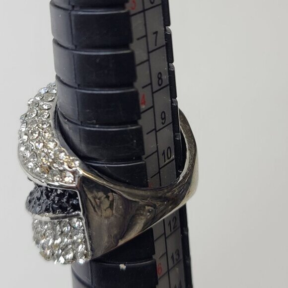 Two Tone Silver and Black Color Wide Ring Concave Design with Rhinestones Sz 5 - Picture 14 of 14